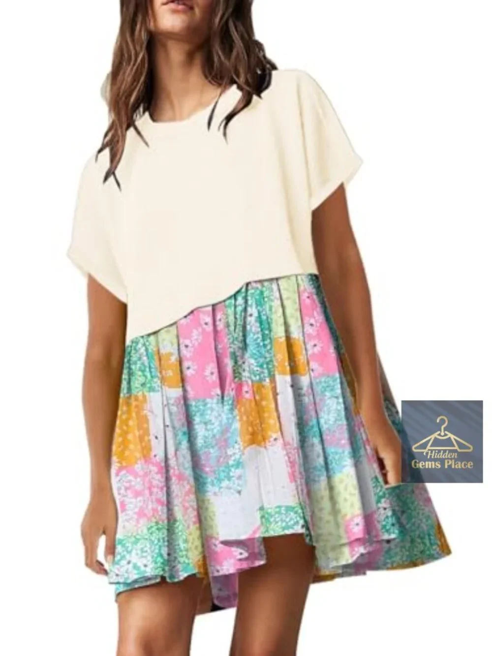 Women's Casual Crew Neck Short Sleeve A-Line Dress with Floral Print